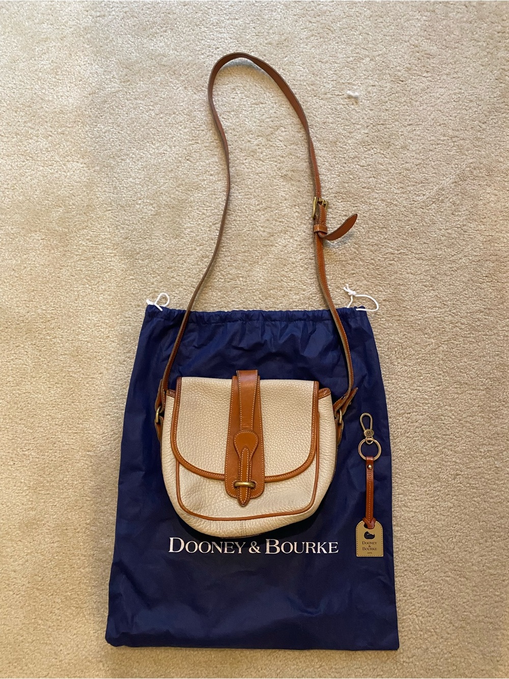Vintage Dooney & Bourke Cream and Brown Pebbled Leather Crossbody Bag